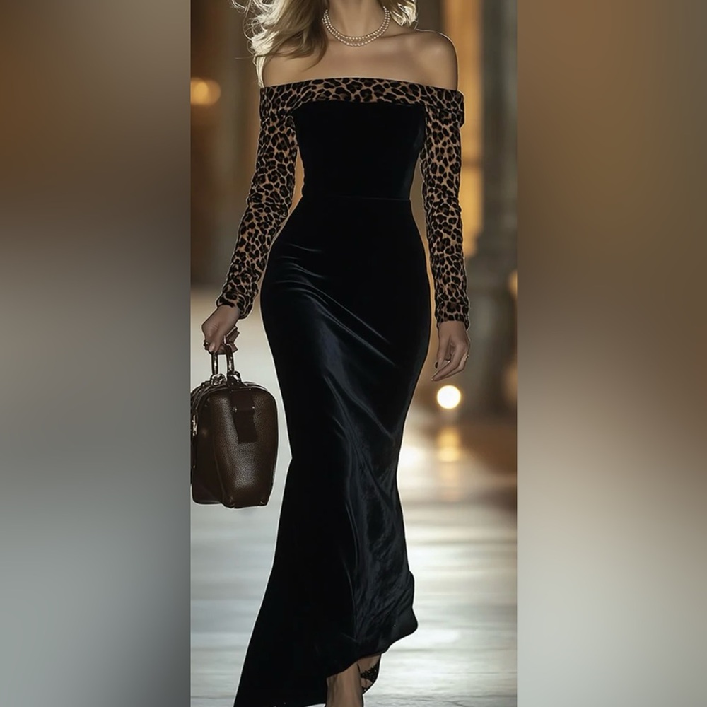 Oyrosy dress: Retro elegant high-end-one shoulder leopard print velvet dress.